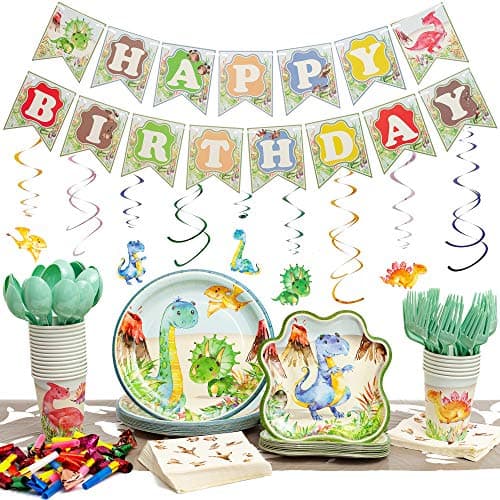 Dinosaur Party Supplies Pack - Serves 20 - Set Includes Plates - Cups - Napkins - Table Cloth - Cutlery - Birthday Banner - Decorations and Favors - 192 Pieces Set