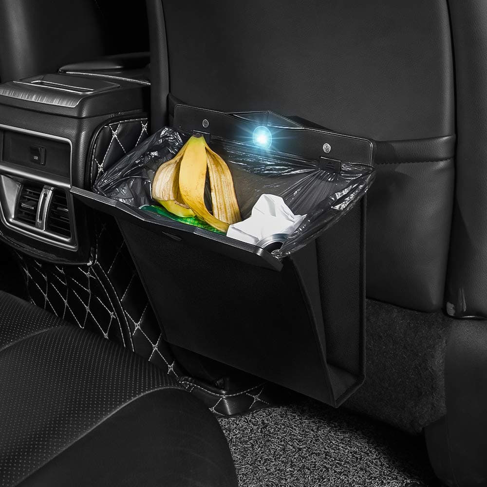 Car Trash Can Waterproof Collapsible Garbage Bag Artificial Leather Storage Pocket Leak Reusable Traveling Portable Seat Back Garbage Bin Hanging(Black-L Size)