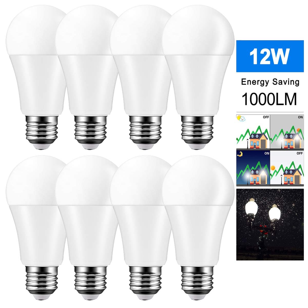 Dusk to Dawn Smart LED Bulb, DDSKY 8-Pack 12W 8LED Sensor Light E27 Auto On/Off LED Security Bulb Indoor Outdoor Lighting Lamp for Garden Garage Porch Yard, Cool White