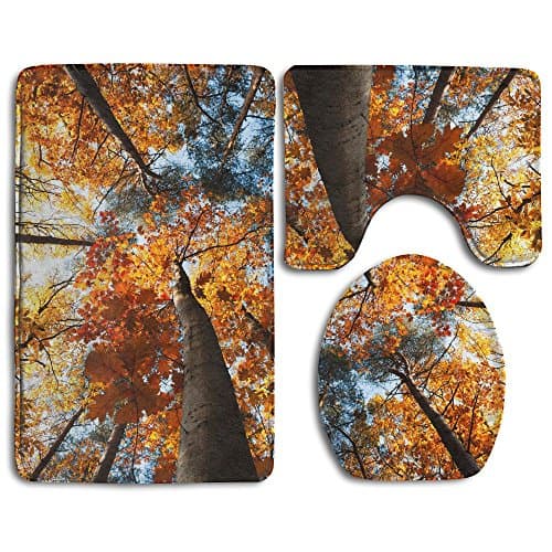 Golden Maple Tree Bath Mat 3 Piece Bathroom Rug Set Flannel Non Slip Toilet Seat Cover Set Large Contour Mat Lid Cover