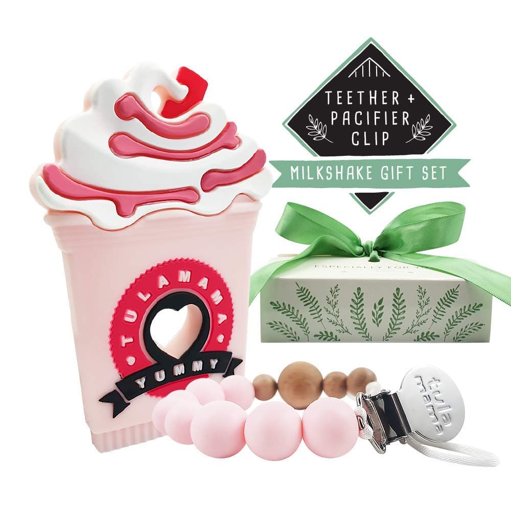 Gift Ready Teething Toy & Pacifier Clip by Tulamama. Bendable & Freezer Friendly. Recommended by Moms. 100% Silicone (Like Nipples & Pacifiers), BPA & Phthalates Free, FDA Compliant. Milkshake-Gift