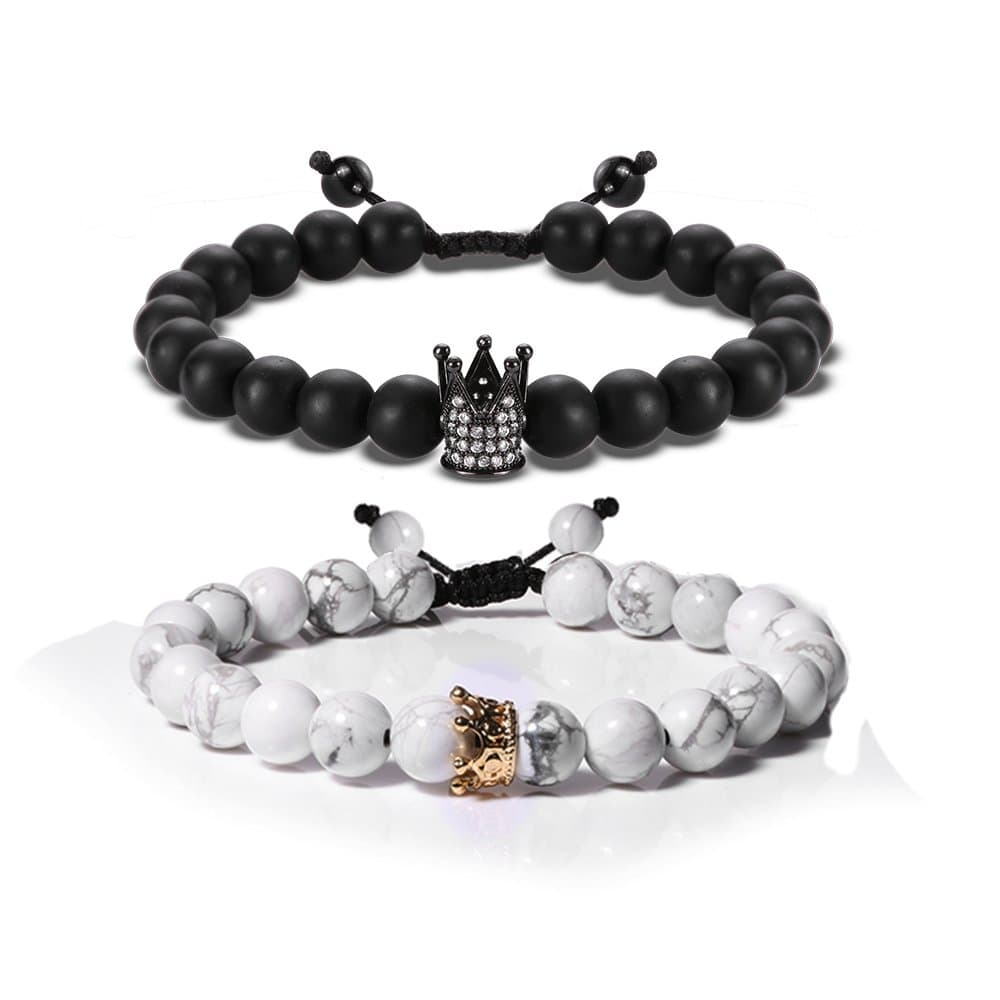 EnjoIt Couple Distance Bracelet Diffuser Beads Crown Queen Bracelets Matte Agate & White Howlite Lava Stone