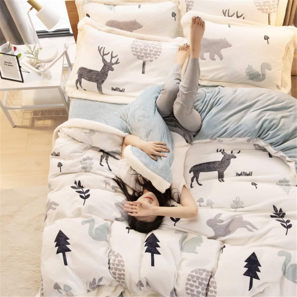 YDMZ Flannel 4 Piece bedding set double bed white Printed quilt cover single girls Keep warm duvet set king size grey comforter cover x1 Sheets x1 Pillow Shams x2 G-2.0m bed 220x240cm(87x94inch)