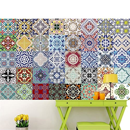 10pcs/Set Mediterranean Style Self Adhesive Tile Art Wall Decal Tiles Sticker Easy To Apply Just Peel and Stick Home Decor(7.8" x 7.8", 10x mix color)