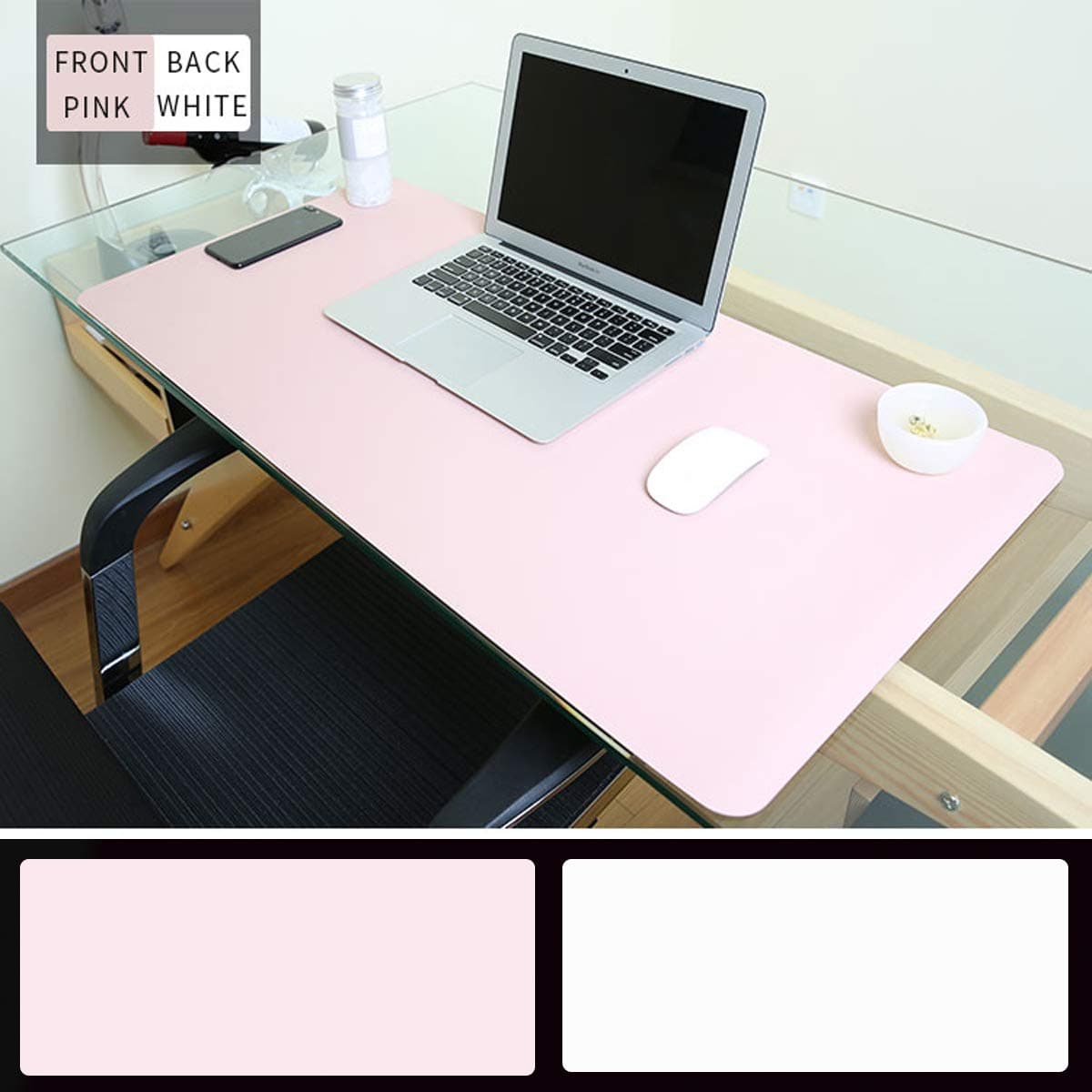Desk Mat PU Leather Mouse Pad Mat Large Desk Pad Mouse Pad, FAFIT 80cm X 40cm Non-Slip PU Leather Desk Mouse Mat Waterproof Desk Pad Protector Gaming Writing Mat for Office Desks (Pink-white)