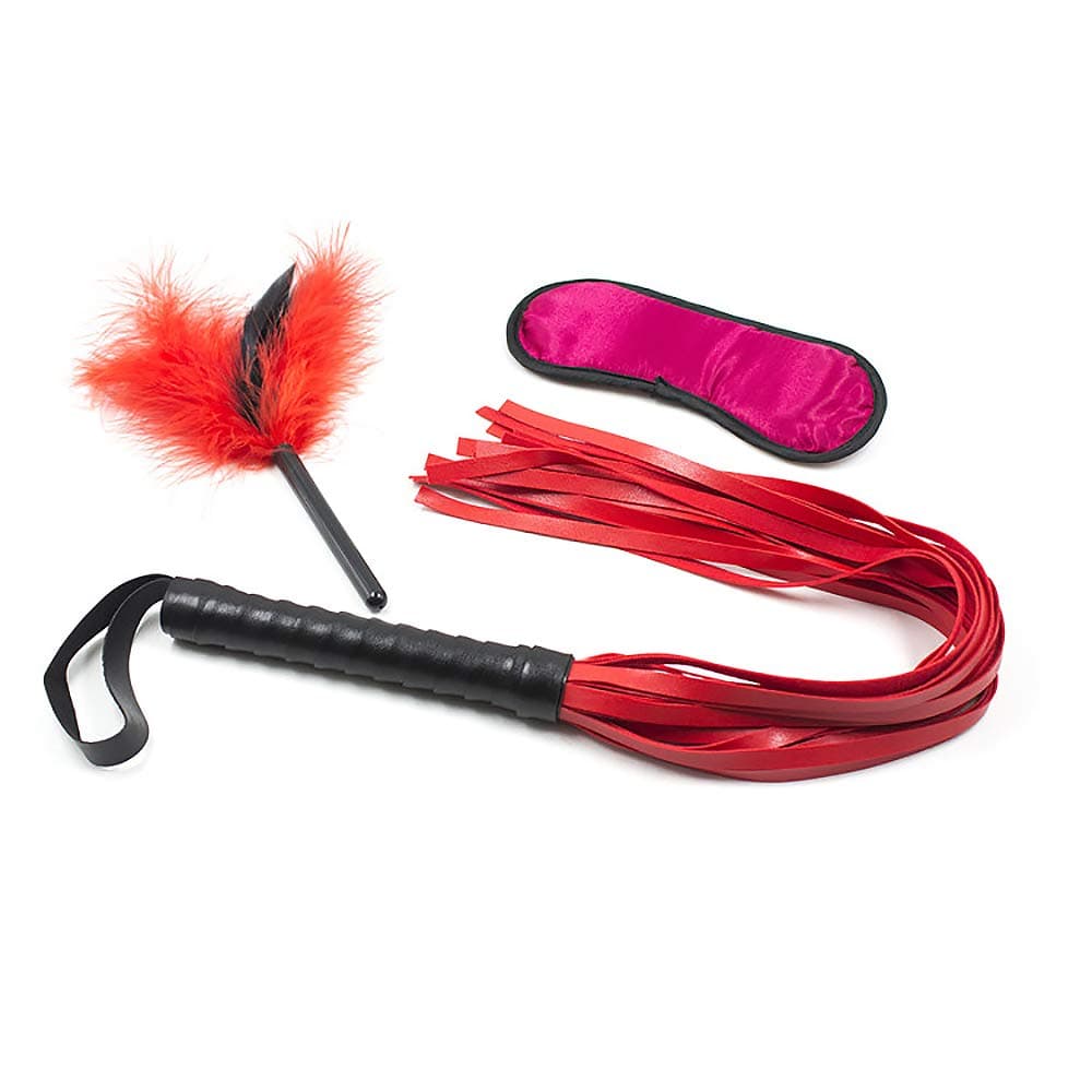 KIMMAO Red 3-Piece Suit Eye Patch Whip Feather Combination Toy(Rose red with Black Edge Eye +red Feather, Black Handle+red Beard)