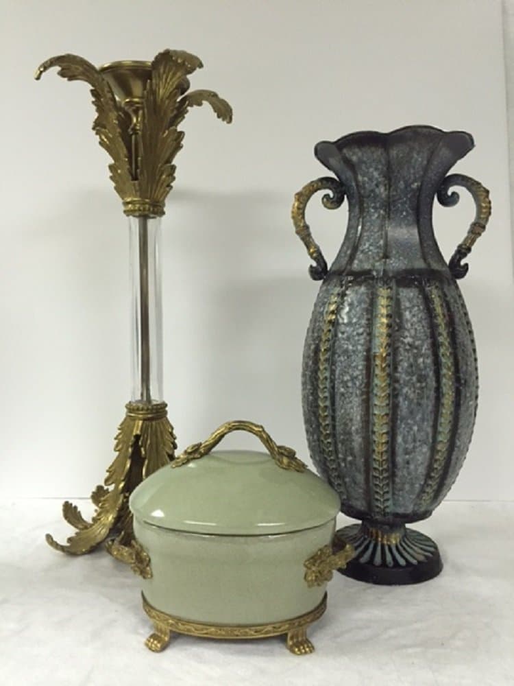 Accessories Collection - John Richard Accessories - Solid Brass & Acrylic Candleholder, Hammered Metal Vase, and Mint Green Lidded Cachepot
