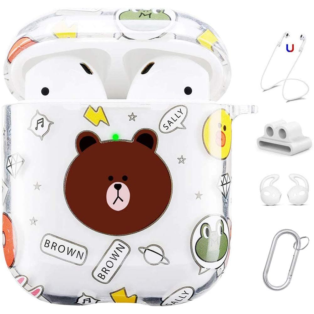 Maxjoy Compatible AirPods Case Cover, Cute Hard Protective Case with Keychain/Strap/Earhooks/Watch Band Holder Compatible with Apple AirPods Charging Case 2&1 for Girls Women Men, Transparent Bear