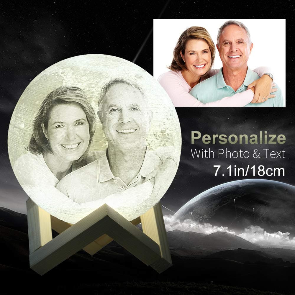 Customizable Moon Lamp Night Light with Your Own Picture & Text, 3D Printed Moon Lantern with Stand and Touch Control for Changing Color and Brightness (7.1 inch (18cm))