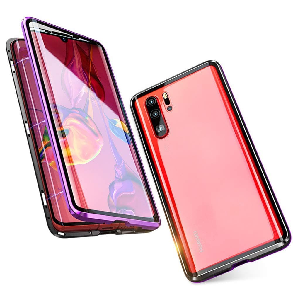 Case for Huawei P30 Pro Cover Magnetic Adsorption Tech Front Back Tempered Glass Unibody Design Powerful Magnets Built-in Frame 360 Degree Protection Shockproof Metal Flip Cover, Purple Black