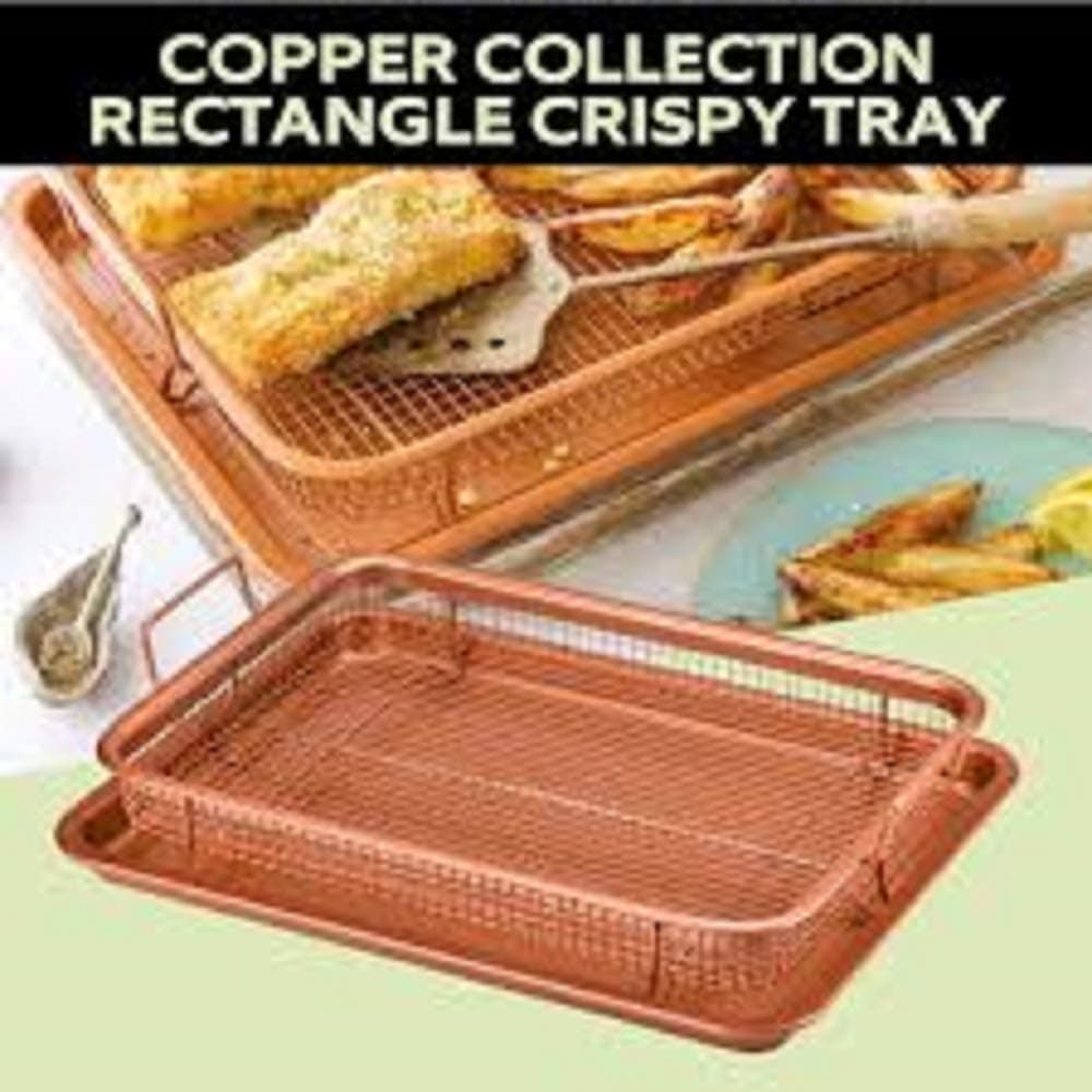 Copper Collection Nonstick Rectangle Crisper Tray, Copper, Turn Your Oven Into an Air Fryer-2 Pc Set, Frying Basket and Baking Sheet, Dishwasher Safe, Heat-Resis, 12" x 9" x 1 1/3