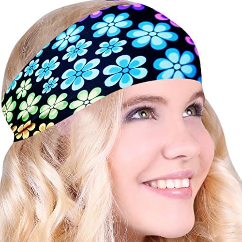 FUN &amp; FUNKY Work Out Headbands! SUPER FUN! Rainbow Floral Black - Choose From Over 30 Best No Slip Printed Headbands Stretchy One Size Fits Most Made in USA by Mom &amp; Daughter:)