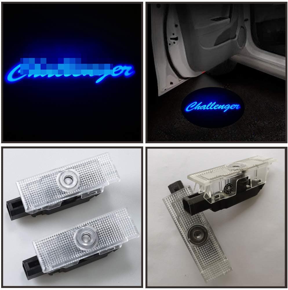 2pcs set car Door LED Projector Welcome Logo Emblem Kit For Dodge Challenger 2008-2019year,with glass slide logo no fading color with blue challenger logo