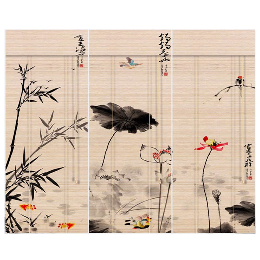 Koovin Bamboo Roller Blind Customizable,3 Pieces HD Print Divider Curtain,Office drawing room Decoration partition,4 styles