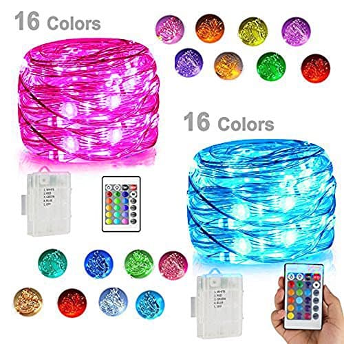 Yenl LED String Lights,2 Pack Battery Operated Lights Multi Color Changing String Lights Remote Control Waterproof 50LED 16.4ft Indoor Decorative Silver Wire Lights for Bedroom(2 set of 33ft 100LEDS)
