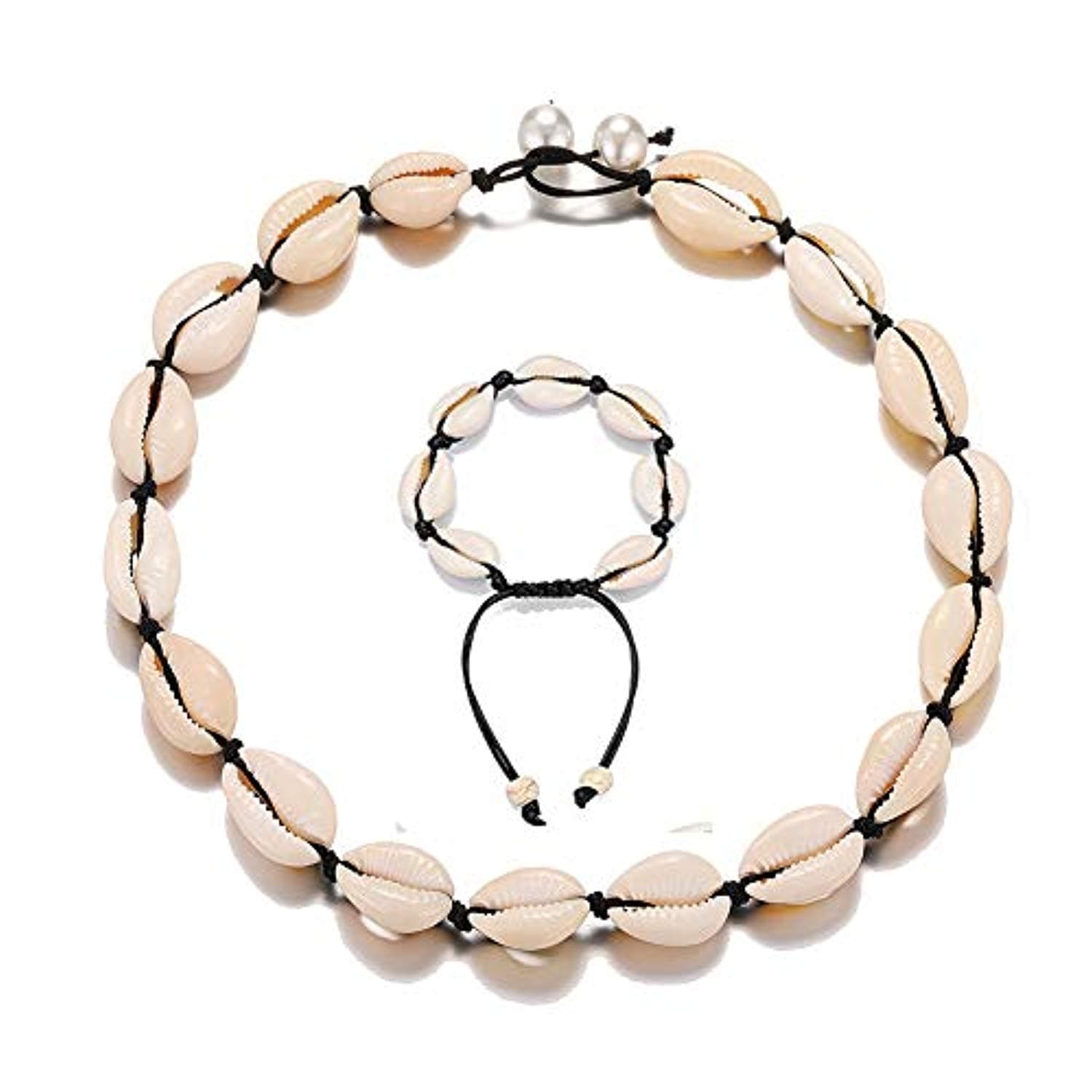 Natural Shell Choker Pearl Puka Shell Necklace Braid Anklets Bracelet Beach Handmade Jewelry for Teen Girls Women 4 Pack-Style 1