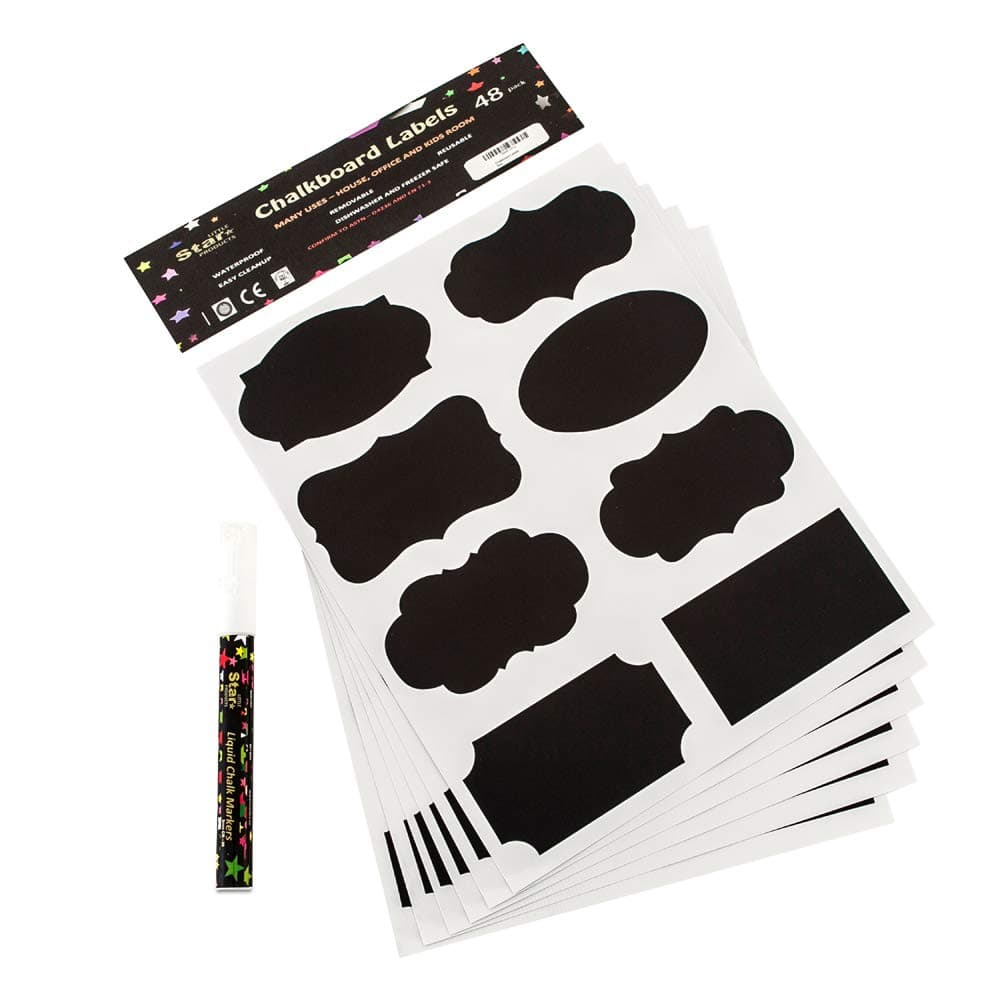 48 Chalkboard Labels Kit with 3mm WHITE Liquid Chalk Marker Pen, Different 8 Designs VINYL STICKERS Label Bundle Waterproof Dishwasher Safe Erasable Self-Adhesive Reusable & Strong perfect for Jam Jars Wine Storage & Organize – Home Office Nursery School & Wedding