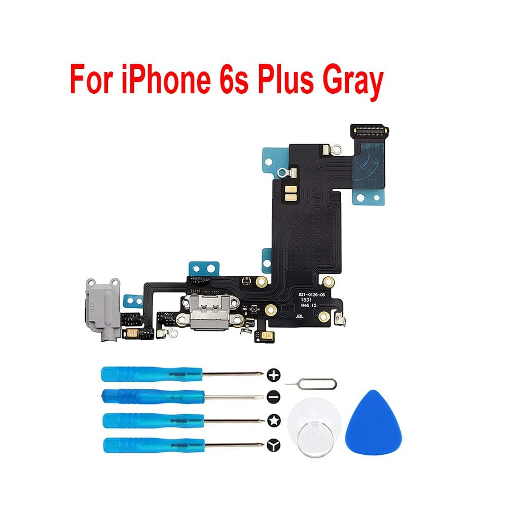 Eoneding Charging Port Replacement Kit USB Charging Charger Port Dock Connector Flex Cable + Microphone + Headphone Audio Jack Replacement Part for iPhone 6s + Plus (Gray for iPhone 6s Plus)