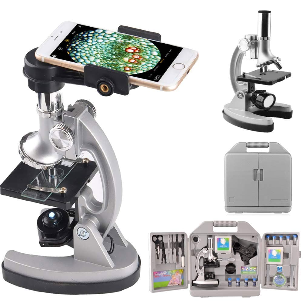 Microscope Kit for Kids with Metal Arm and Rubber Base, 300X 600X 1200X Magnifications, Includes All Accessory and Handy Storage Case, Educational Science Microscope with Smartphone Holder