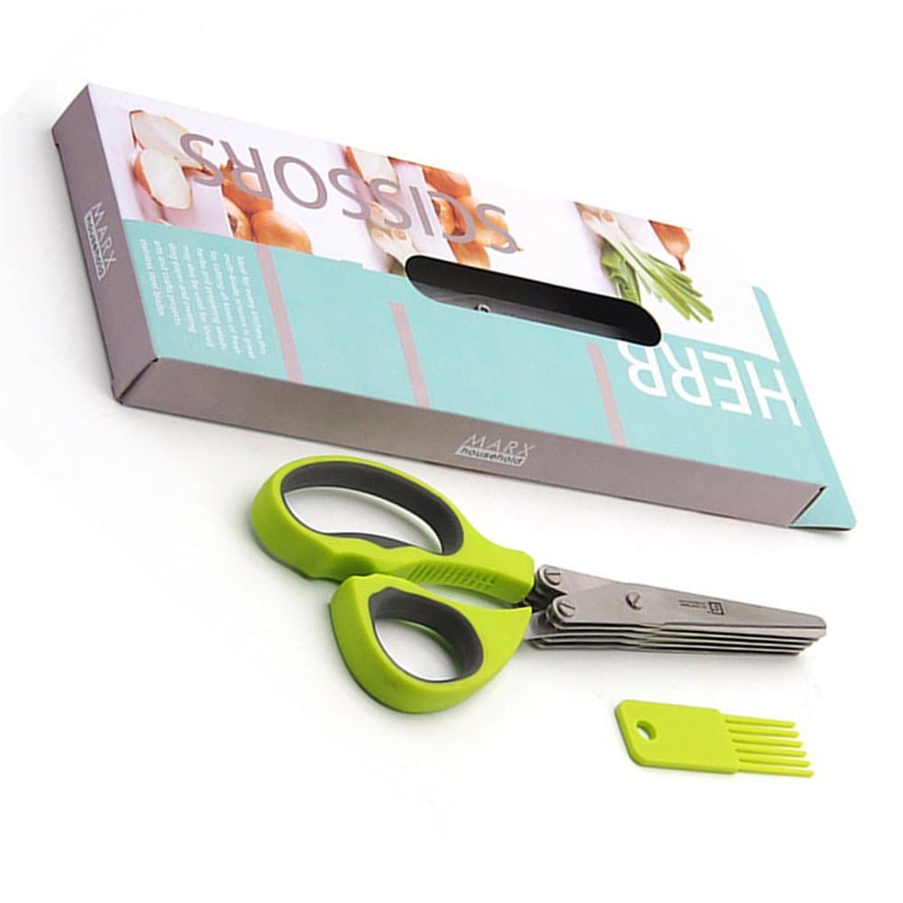 EIALA Herb Scissors Stainless Steel - Multipurpose Kitchen Shear with 5 Blades and Cover with Cleaning Comb (Green)