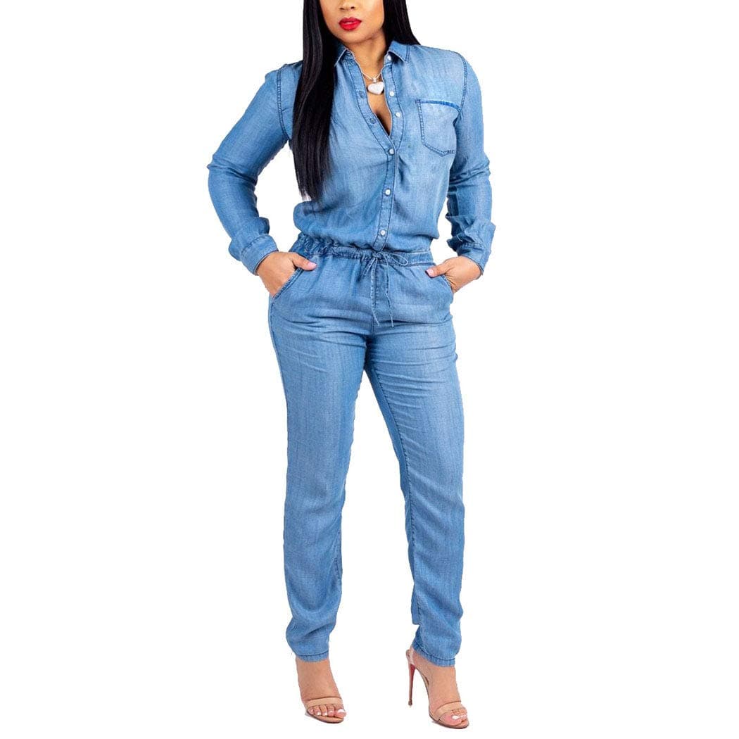 Women's Denim Jumpsuit Drawstring Casual Romper Jeans