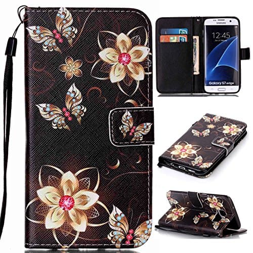 Galaxy S7 Edge Wallet Case iBerry Premium PU Leather Flip Samsung S 7 Edge Cover with [Card Slots] [Kickstand] and [Wrist Strap] Feature for Samsung Galaxy S7 Edge, Gold Butterflies and Flower