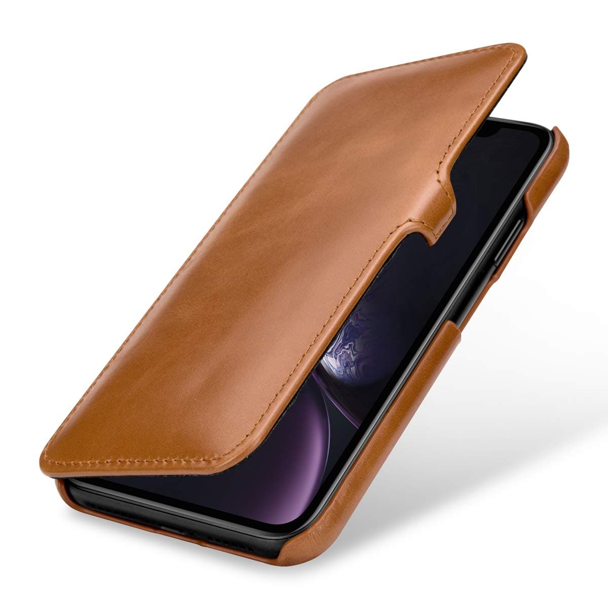 StilGut Book Type Flip Case for iPhone XR, Genuine Leather iPhone XR Case with Closure, Cognac Brown