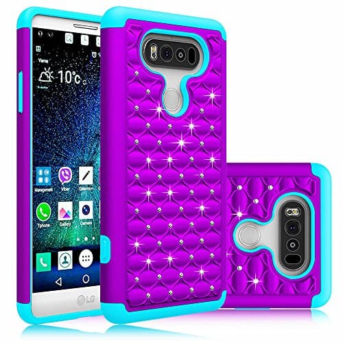 LG V20 Case, SAUS [Drop Protection/Shock Absorption Technology] Studded Rhinestone Crystal Bling Hybrid Armor Defender Dual Layer Case Cover For LG V20 2016 Release (Purple/Mint)
