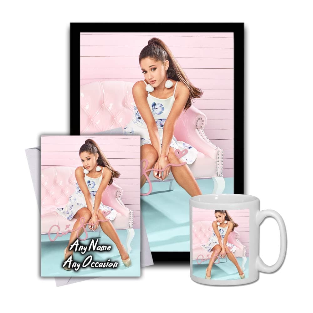 Star Prints UK Ariana Grande (V1) Gift Set Bundle 2020 - Large 11cm Mug, A4 Framed Poster and Matching Personalised Birthday or Fathers Day Card (No Personalised Card)