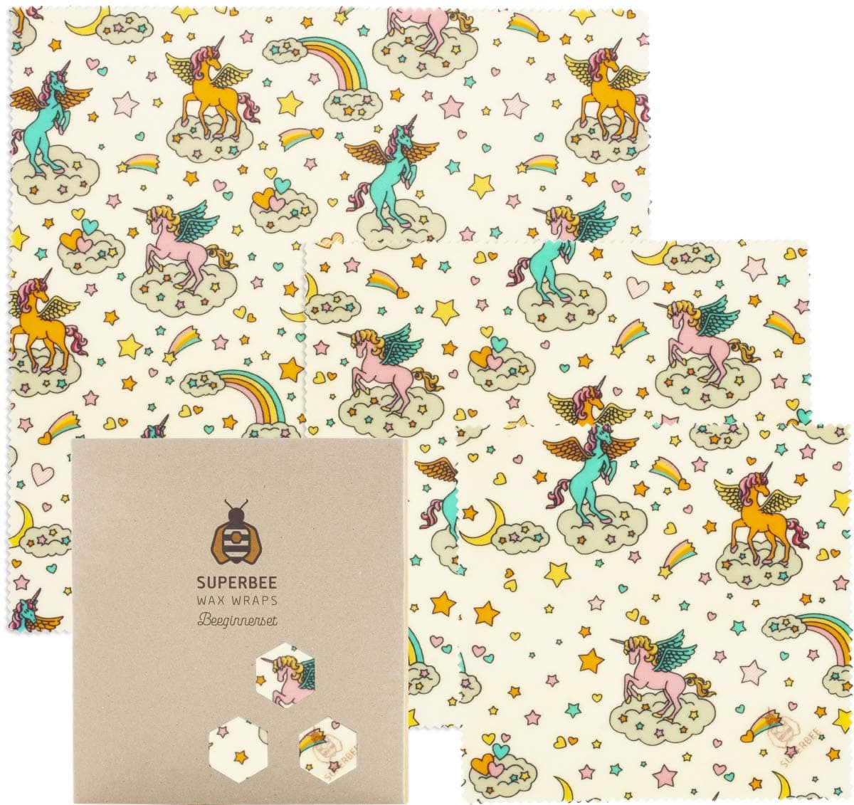 SuperBee Beeswax Wrap | Set of 3: Small, Medium and Large | Unicorns | Reusable, Eco Friendly, Zero Waste Food Wrap