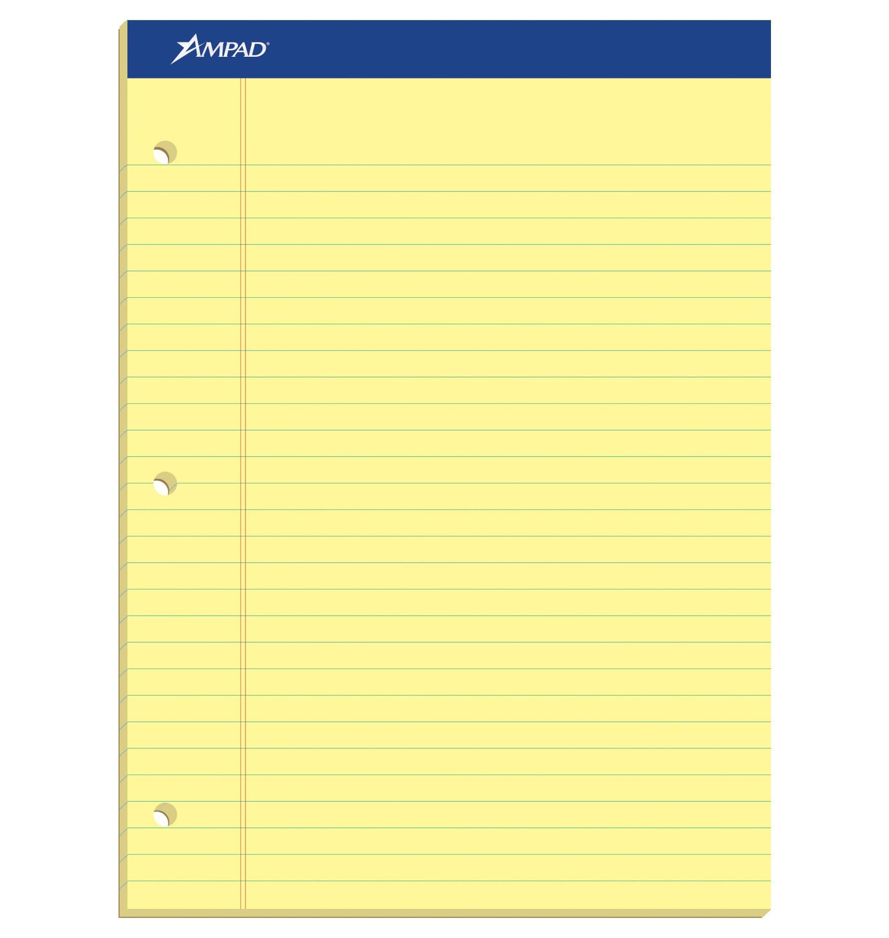 Ampad Writing Pads, 8.5 x 11.75, 2 hole drilled, Wide Ruled, Canary, 50 Sheets (TOP20-221)