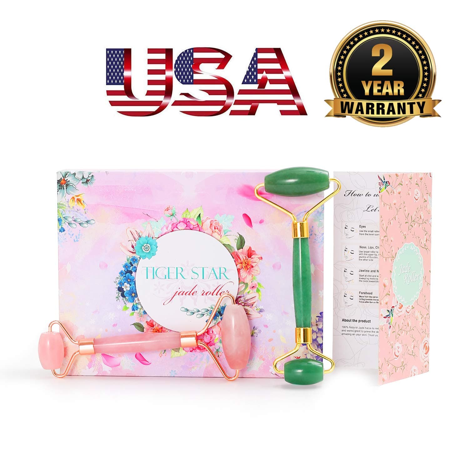 Natural Quartz Roller 2-in-1 Jade Roller Set - Anti-Aging Facial Rollers and Beauty Tools for Face and Body, Facial Therapy - Handmade Skincare Tool (Powder Crystal + Dongling)