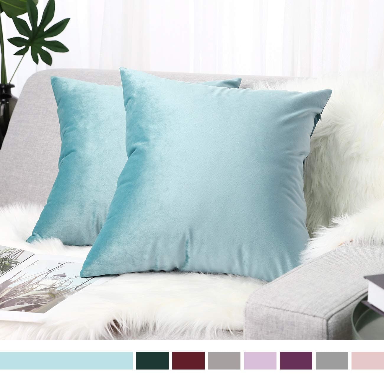 Lewondr Velvet Soft Cushion Cover, 2 Pack Modern Solid Color Square Decorative Throw Pillow Case Cover for Car Sofa Bed Couch Home Decor, 20"x20"(50x50cm), Lake Blue