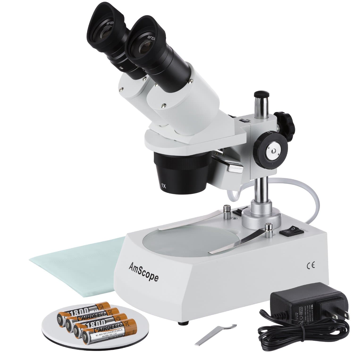 SE305R-P-LED Forward-Mounted Binocular Stereo Microscope, WF10x Eyepieces, 10X and 30X Magnification, 1X and 3X Objectives, Upper and Lower LED Lighting, Reversible Black/White Stage Plate, Pillar Stand, 120V or Battery-Powered