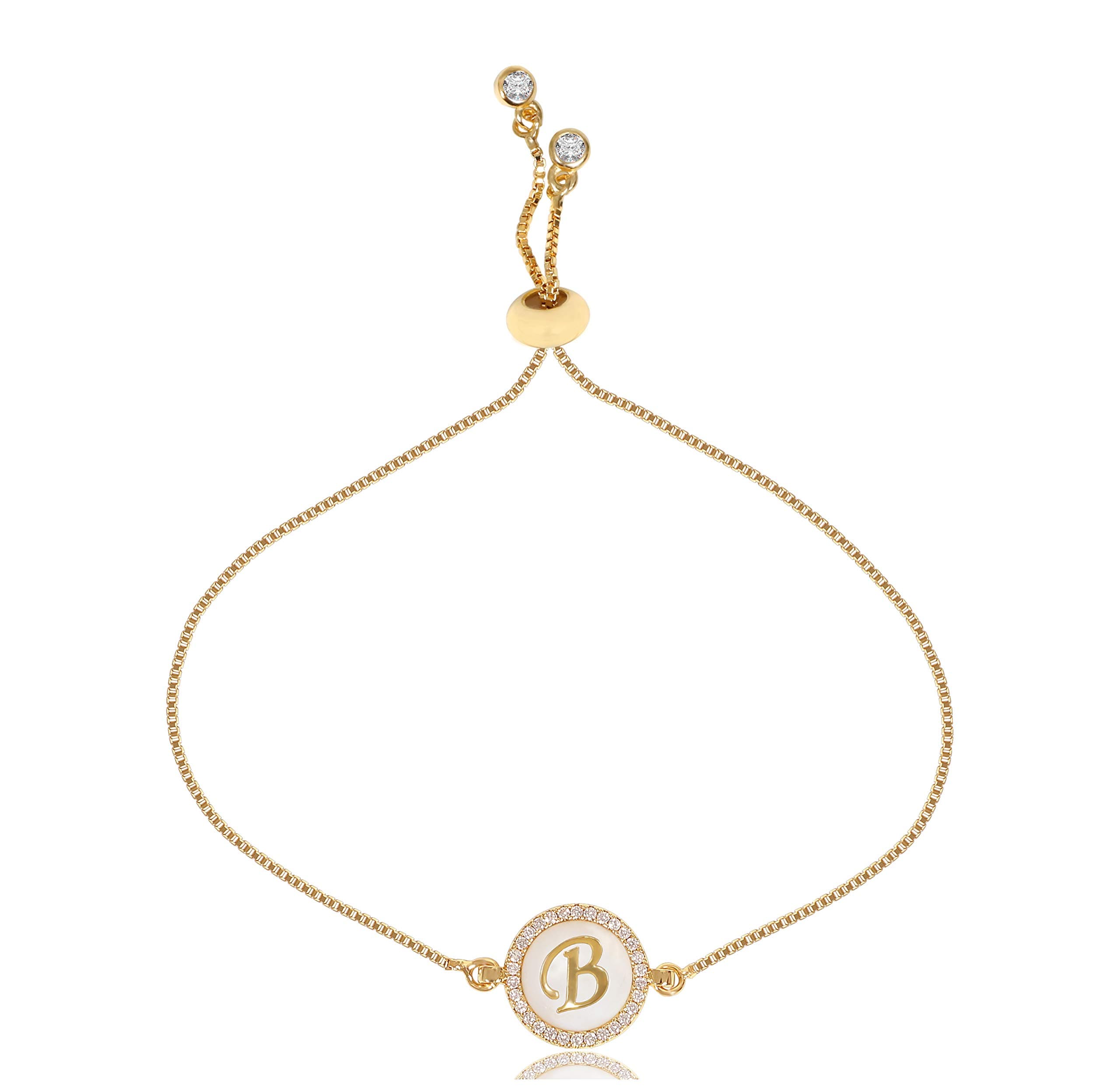 CILILI Design 26 Alphabet A-Z Charms Handmade Initial Round Shell Letters with White Rhinestones Snake Chain Personalised Bracelet for Women Girls Adjustable