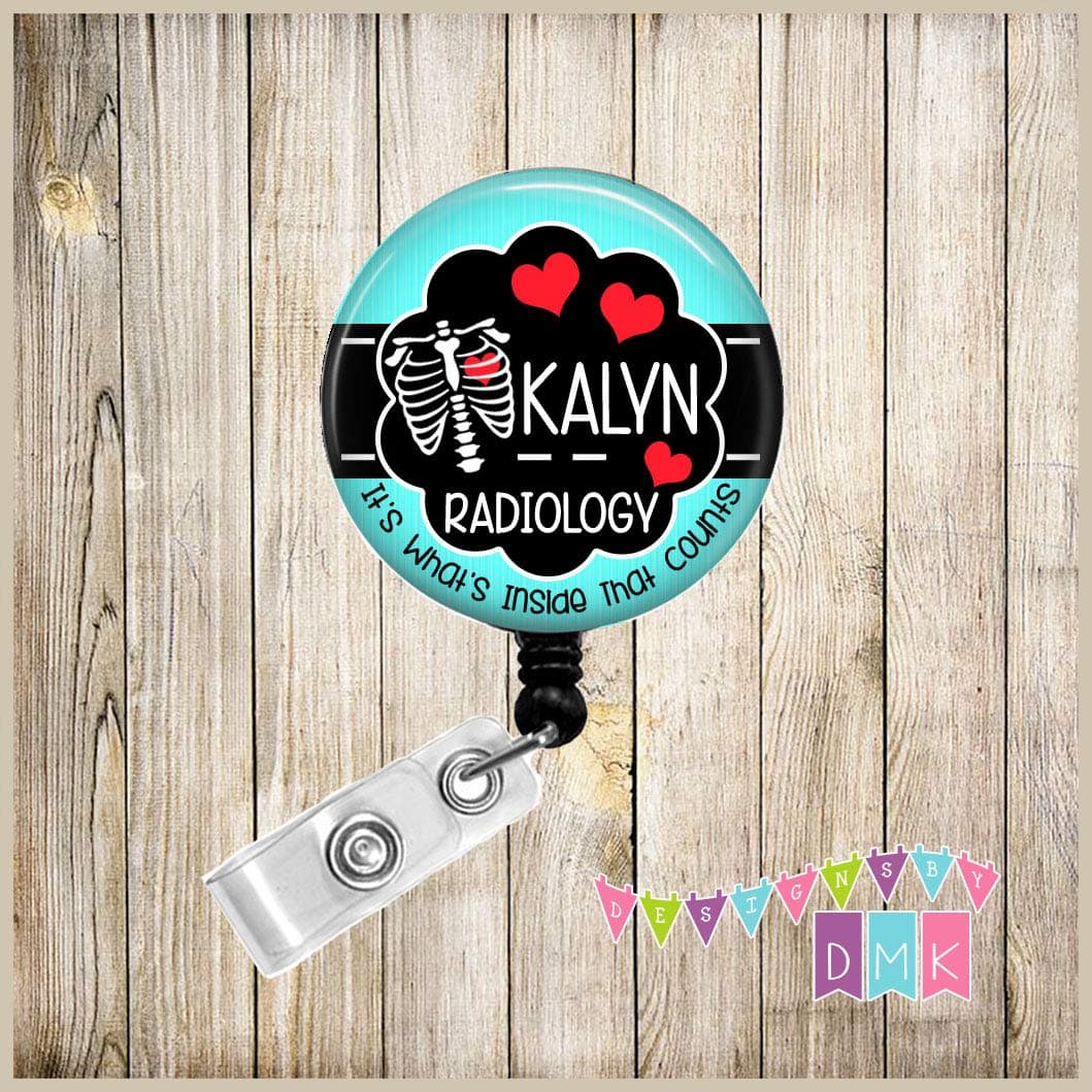 Personalized - Radiology - Chest Xray - Pool Blue with Red Hearts - Inside that Counts - Button Badge Reel - BR0228