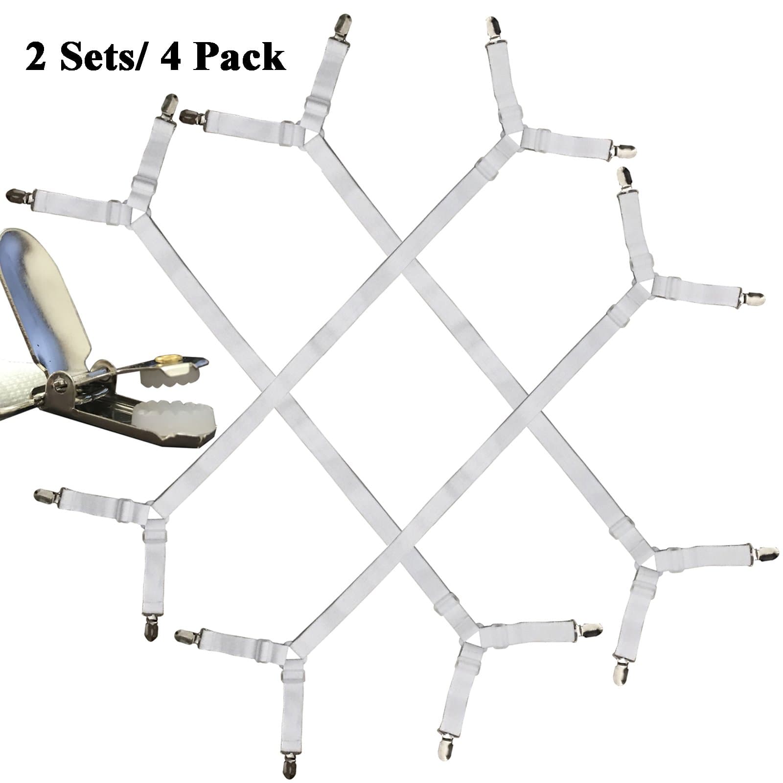 BSLINO 2 Sets/4pcs Sheet Bed Suspenders Adjustable Crisscross Fitted Sheet Band Straps Grippers Adjustable Mattress Pad Duvet Cover Sheet Corner Holder Elastic Fasteners Clips Clippers