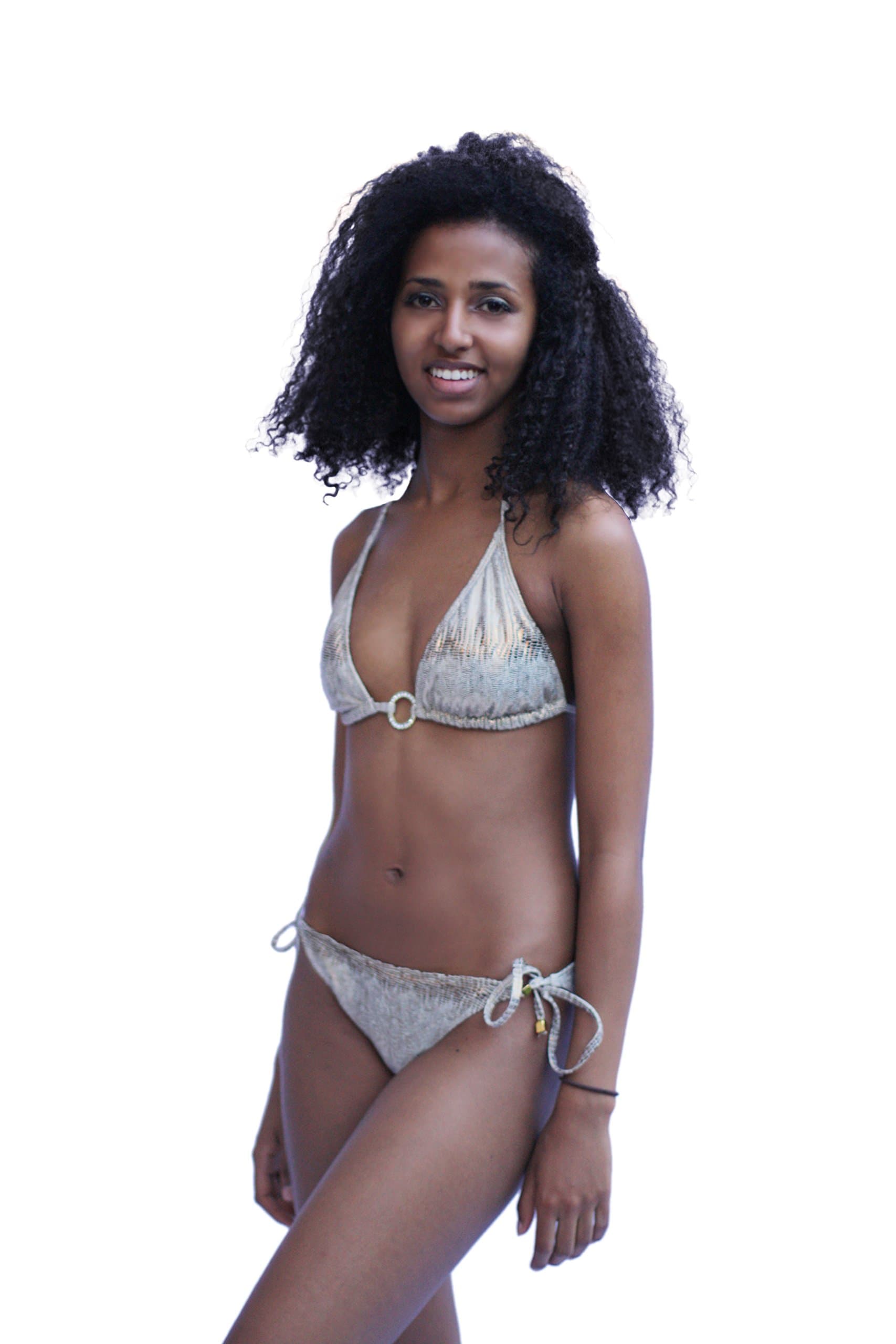 Gold Metallic Snake Triangle String Bikini with Gold Jeweled Ring, Medium