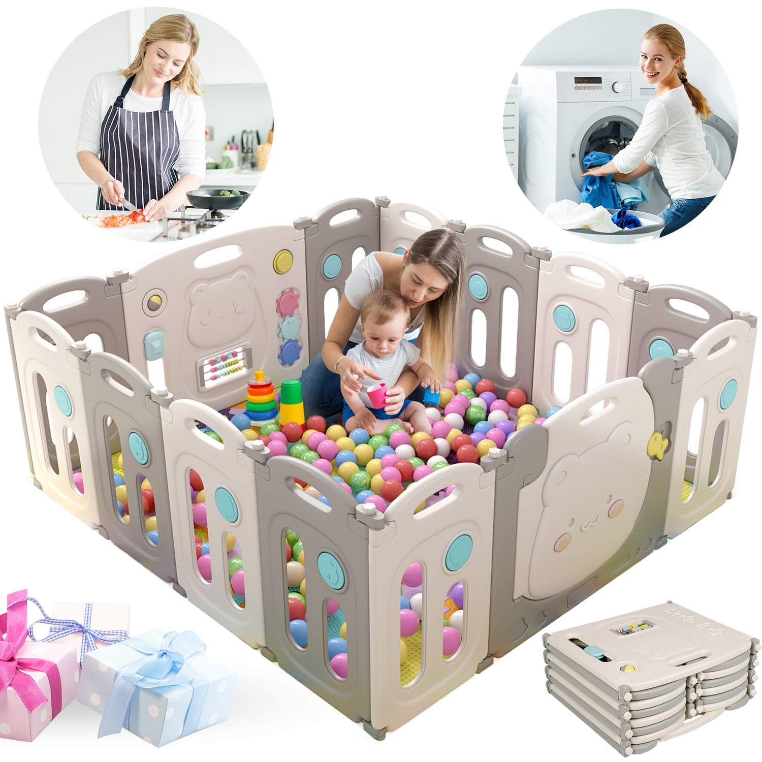 Baby Playpen Foldable 14 Panel Activity Center Safety Playard with Lock Door, Kid's Fence Indoor Outdoor