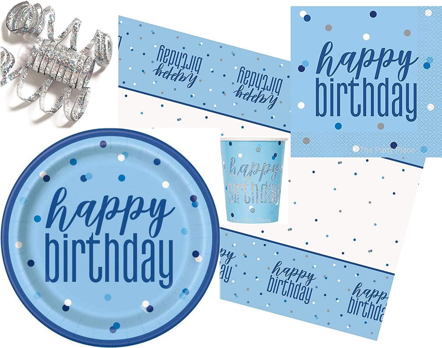 Party Supplies - Tableware Pack – Happy Birthday Blue Glitz Party Bundle – 16 Paper Plates, 16 Napkins, 16 Cups, 1 Tablecover - Disposable Tableware – Partyware For Kids - 49 items total.
