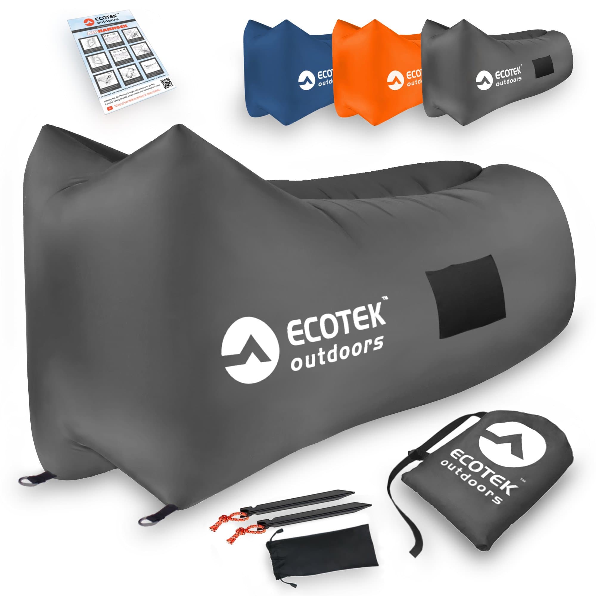 ECOTEK Outdoors Premium Inflatable Air Hammock Version 2.0 Lounge with Upgraded Fabric, Elastic Pockets, Aluminum Alloy Stakes, and Carry Bag