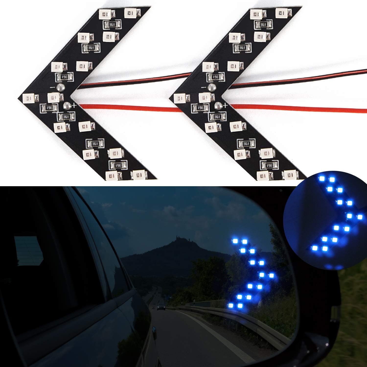 Car Turn Signal Light Rear View Mirror Indicator LED Side Mirr Steering Lights 14-SMD Arrow Embedded/Hidden Style Universal Fit Ultra Slim Blue (pack of 2)