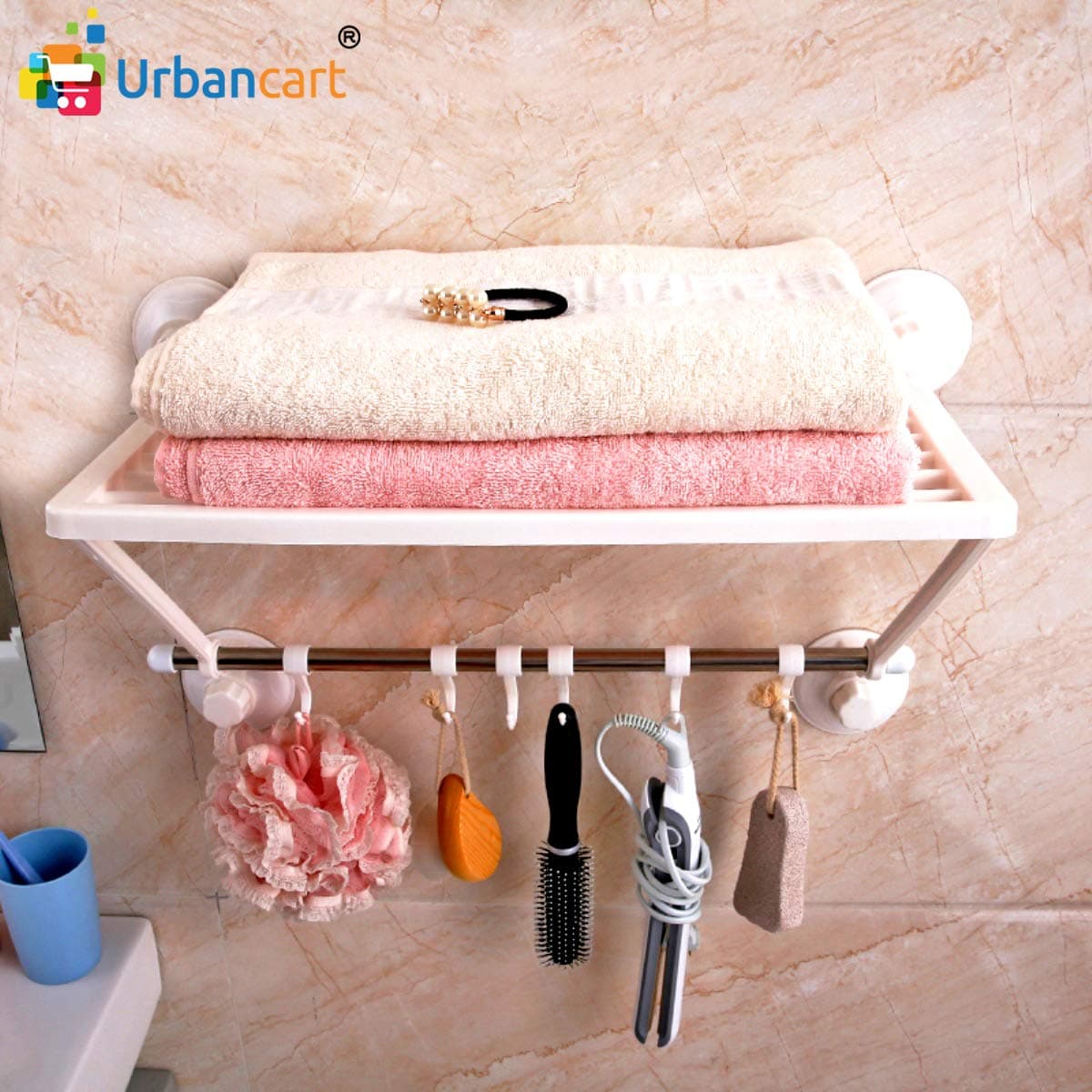 Urbancart® Kitchen/Bathroom Wall Mounting Plastic Shelf Rack with Stainless Steel Rod with Utility Hooks for Bathroom Accessories Organizer (User Manual Inside for DIY Installation)