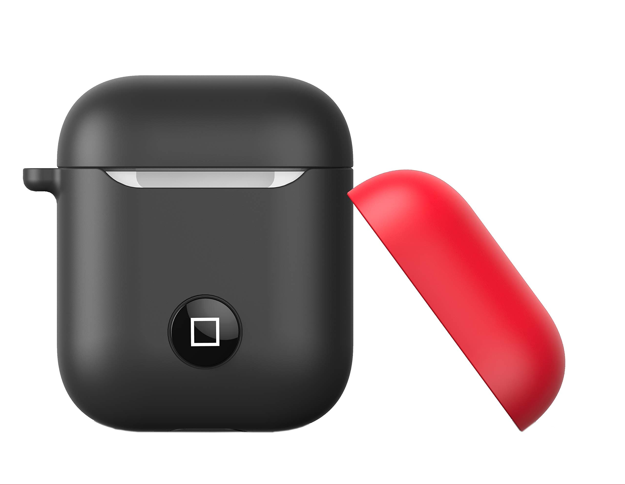 MODEBESO Premium Silicone Airpods Case with 2 Caps,Hook,Button,Supports Wireless Charging,8 Colors,Full Protective Cover Skin Compatible with Apple Airpods 1&2 (Black+Black/Red Cap)
