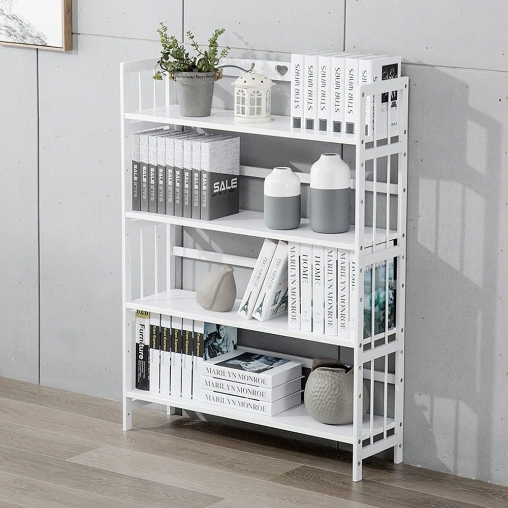 XIAOXIAO Bookshelf Modern Floorstanding Solid Wood White 4 Layers Storage Rack Easy to move (Size : 90 * 26 * 119cm)