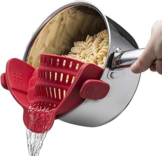 kitchen gizmoSnap N' Strain - Silicone Clip-On Colander, Heat Resistant Drainer for Vegetables and Pasta Noodles, Kitchen Gadgets for Bowl, Pots, and Pans - Essential Home Cooking Tools - Red