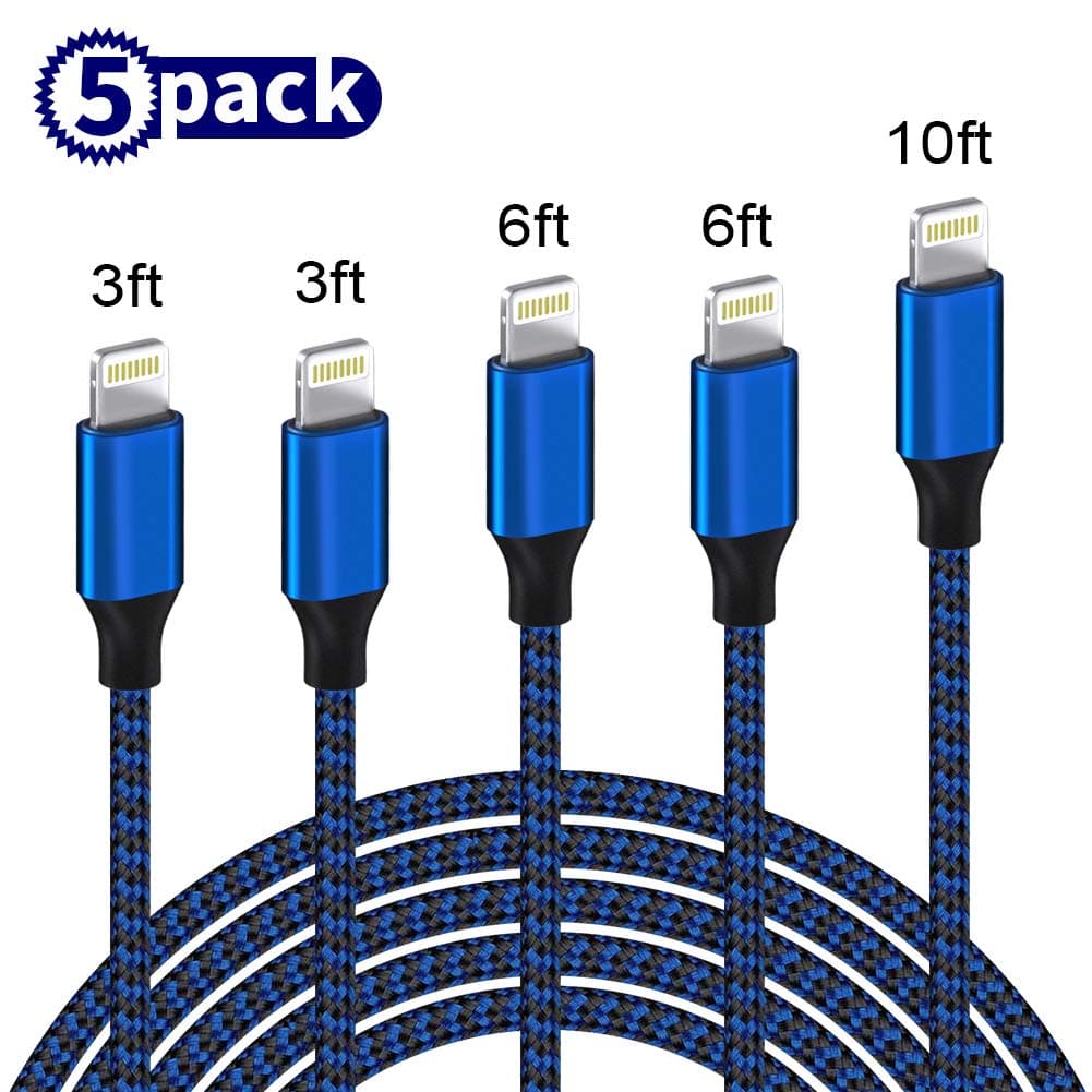 WUYA iPhone Charger MFi Certified Cables 5Pack 3FT 3FT 6FT 6FT 10FT USB Syncing Data Nylon Braided Lightning Cable Compatible iPhone 11 Pro Max X XS XR 8 7 6 6S Plus More