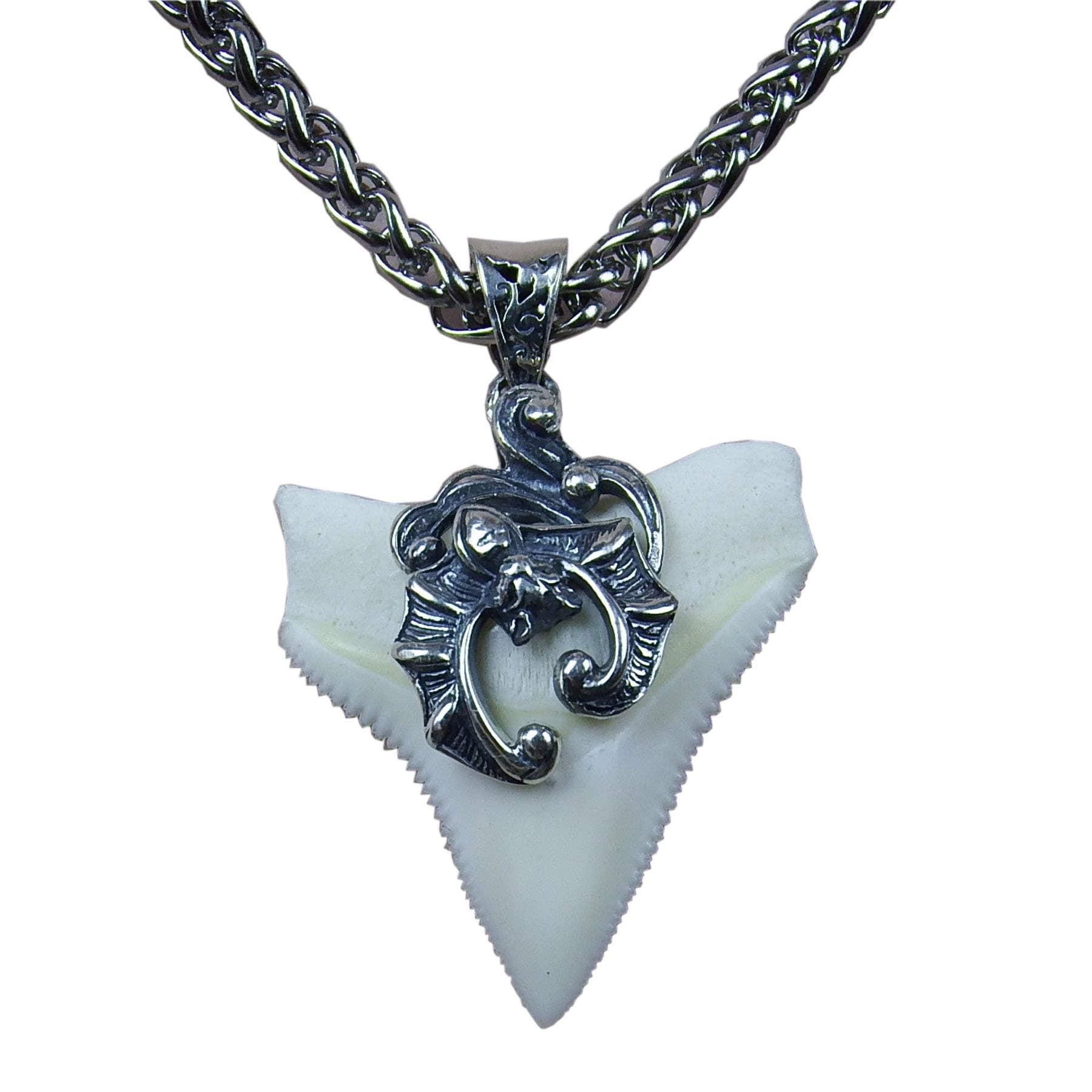 Silver Shark Tooth Necklace for Men Beach Dangle Pendant Also for Bracelet Beads Ocean Surf Jewelry Designed Vintage Bat Thai GemSharkBLTG bat Capping