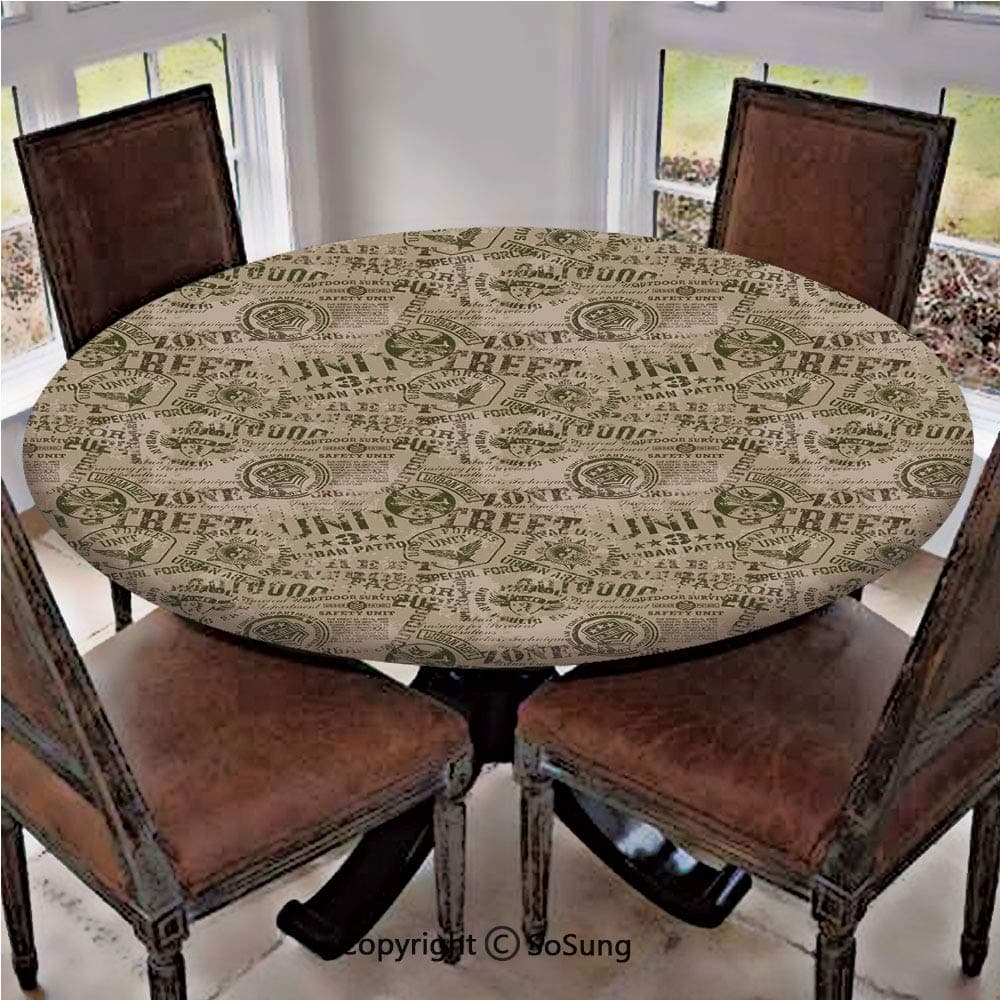 Elastic Edged Polyester Fitted Table Cover,Nostalgic Military Pins from Different Countries Uniform Army Style Graphic Decorative,Fits up 56"-66" Diameter Tables,The Ultimate Protection for Your Table