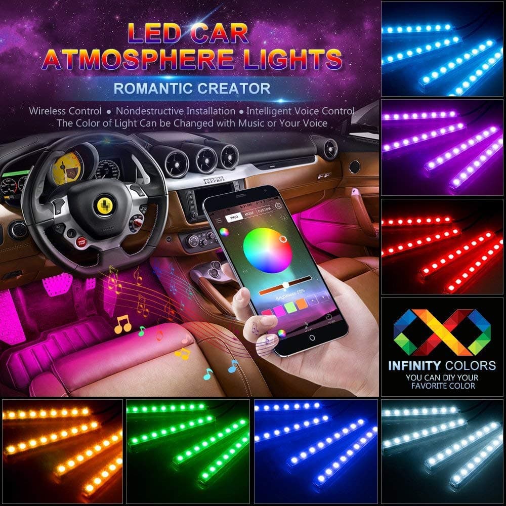 wsiiroon Car LED Strip Lights, 4pcs 48 LED Bluetooth App Controller Interior Lights Multi Color Music Car Strip Light Under Dash Lighting Kit with Sound Active Function for iPhone Android Smart Phone